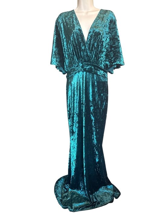 None Dresses & Skirts - Emerald Green Crushed Velvet Maxi Gown Dress Size L Plunge Old Hollywood Glam